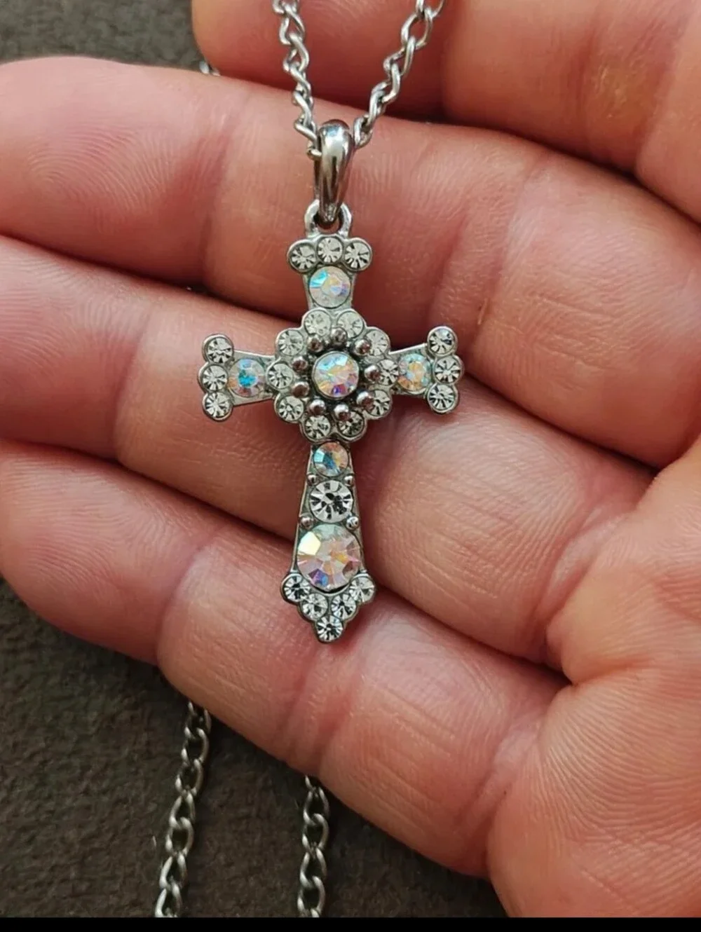 1990s Filigree With Aurora Borealis Rhinestones Silver Tone Cross Necklace